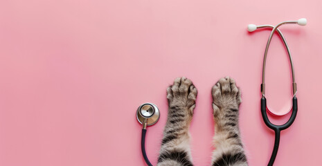 Generative AI, Cat paws and stethoscope isolated on pink background. Banner with copy space for vet clinic. 
