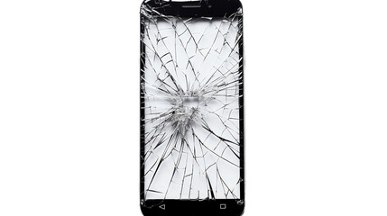 Fractured Smartphone Screen, Realistic Portrait Isolated On PNG OR Transparent Background.