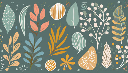 Set of various abstract shapes, patterns and plants. Hand drawn doodles. Modern fashion illustration. Flat design, cartoon hand drawn, vector