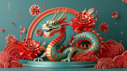 Dragon 3D chinese 2024 year gold new lunar podium happy background red golden. Chinese dragon 3D banner china festive illustration