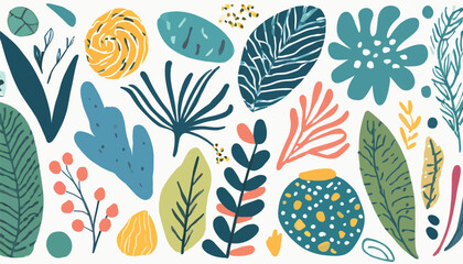 Set of various abstract shapes, patterns and plants. Hand drawn doodles. Modern fashion illustration. Flat design, cartoon hand drawn, vector