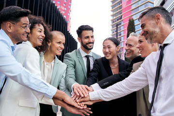 Diverse excited business team in suits joining hands in community. Smiling multicultural professional people celebrating success together outdoors. Fellowship and positive relationships in workplace