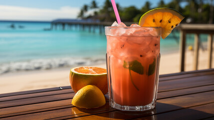 A glass of vibrant guava nectar with guava pieces on table with beach background