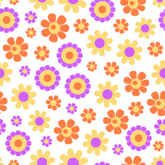 Spring floral seamless pattern. Retro groovy flowers, camomiles, daisies. Summer meadow. Background, wrapping paper.