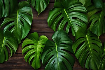 Infusing tropical vibes with a wooden wall background adorned by vibrant green Monstera leaves