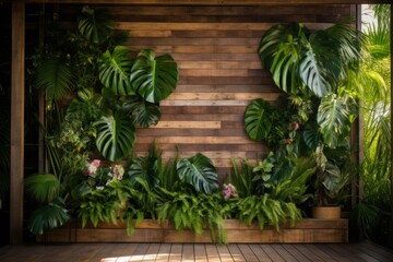 wooden wall, complemented by sprawling Monstera foliage
