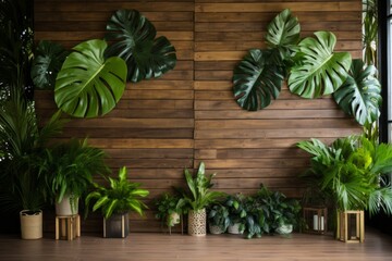 Natural and enchanting atmosphere created by sprawling Monstera foliage against a wooden wall