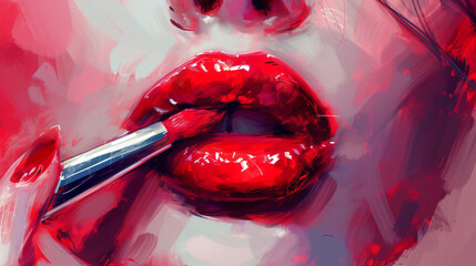 Girl paints her lips with lipstick.