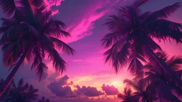 Majestic Palm Trees Embraced by Vibrant Sunset Hues. Generative ai