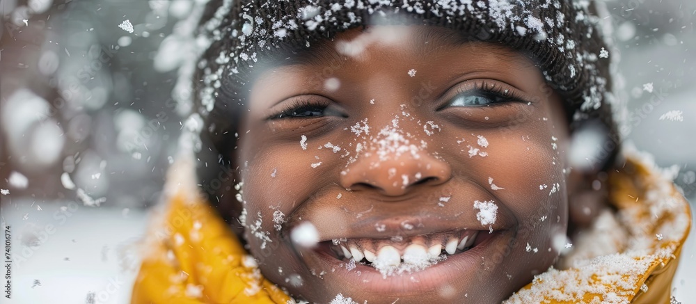 Canvas Prints An African American woman stands in the snow, smiling joyfully. She is bundled up in warm winter clothing, with snowflakes falling around her.