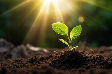 a close-up macro photo of a young green tree plant sprout growing up from the black soil, sunshine shinning a light. Growth new life concept - obrazy, fototapety, plakaty