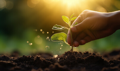 Fototapeta premium Hand planting young plant,hand holding young plant with sunlight on green nature background. concept eco earth day. Ecology concept