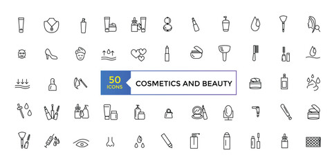 Cosmetic properties line icons. Vector illustration. Skin care line icons set. outline icons related to beauty and spa. - obrazy, fototapety, plakaty