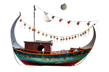 Old boat adorned with lights isolated on transparent background