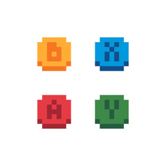 Obraz premium Button sticker, buttons set pixel art style icon, design for logo, web, mobile app, badges and patches. Video game sprite. 8-bit. Isolated vector illustration. 