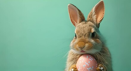 Realistic rabbit with painted Easter eggs on pastel green background. Decorative festive object. Holiday Spring Easter background. Funny 4k video Easter bunny spring decoration copy space creative - Powered by Adobe