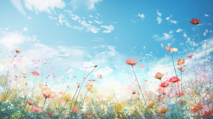 青空とコスモス畑の水彩画