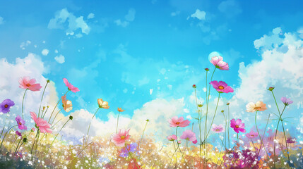 青空とコスモス畑の水彩画