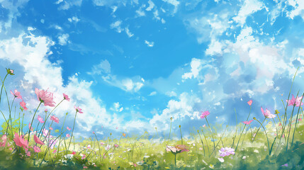 青空とコスモス畑の水彩画