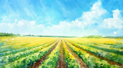 青空と畑の水彩画