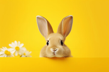 Banner with Easter bunny on yellow studio background. Spring, Easter concept.
