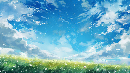 大空と草原の水彩画