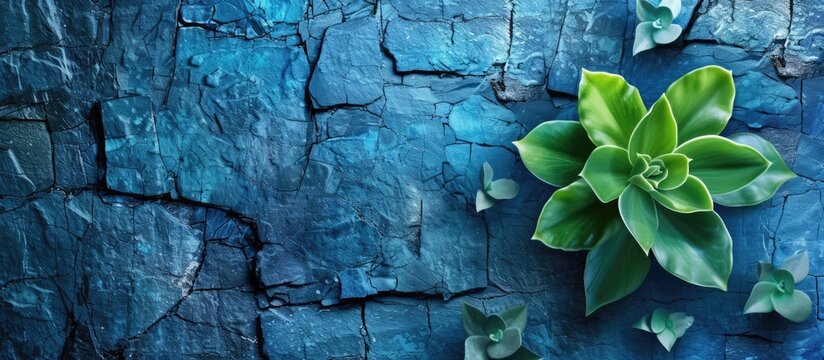 A vibrant green plant is successfully growing out of a crack in a textured blue stone wall, showcasing natures resilience in unexpected places. The plants roots have found a way to penetrate the solid