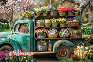 An antique blue pickup truck showcases a colorful arrangement of spring flowers and Easter eggs in a pastoral setting. Designed for use as a seasonal greeting card, advertisement, or a photo backdrop.
