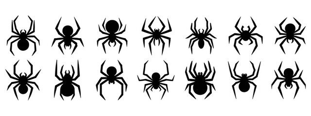 Set of black silhouette spider icon isolated on white background. Top,side and front view