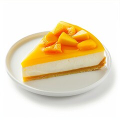 piece of mango cheesecake decorated with mango chunks on a ceramic plate isolated on, a white background, mango, cheese, cake, summer dessert, spring, 