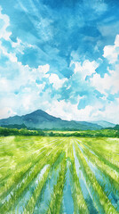 水田と青空の水彩画