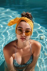 Fototapeta na wymiar Woman wear bikini and sunglasses pose at pool, swim summer fashion