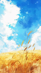 麦畑と空の水彩画