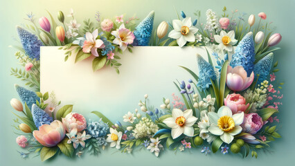 A lush, floral banner showcasing a variety of spring blooms with a tranquil background, perfect for a spring-themed layout. Space for Text - 748018774