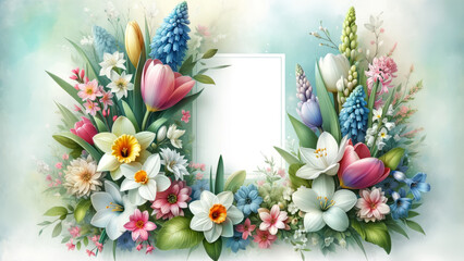 A lush, floral banner showcasing a variety of spring blooms with a tranquil background, perfect for a spring-themed layout. Space for Text - 748018923