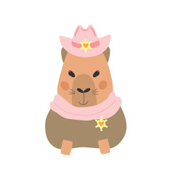 Cute happy capybara girl with sheriff badge and cowboy hat. Vector illustration.