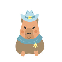 Cute happy capybara boy with sheriff badge and cowboy hat. Vector illustration.