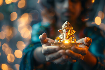 a local resident holds the Indian god Ganesh in his hand
 - obrazy, fototapety, plakaty