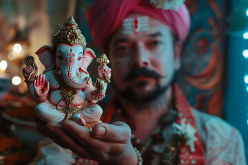 a local resident holds the Indian god Ganesh in his hand
