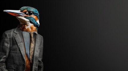 a kingfisher wearing a suit with a tie on a plain black background on the left side of the image and the right side blank for text