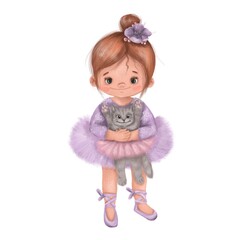 Ballerina. Cute little ballerina baby girl with animal cat. Cartoon funny girl. Drawing. Hand painted illustration isolated on white background. Doll, toy. Ballet, dance. Greeting card , poster, print