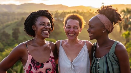 African Female Friends Enjoying Sunset in Countryside