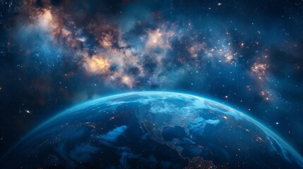 A breathtaking view of Earth from space, surrounded by a vibrant and colorful galaxy filled with stars and nebulae