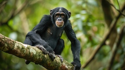 Bonobo, chimpanzee on the branch of tree in natural habit