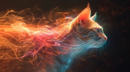 aura effects with cat, A cat profile emerges in a burst of neon glow and vibrant flames, with dynamic swirls of color that bring this digital art piece to life.