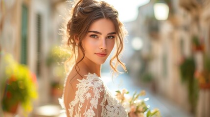 Portrait of Bride in wedding dress on background of old europe town
