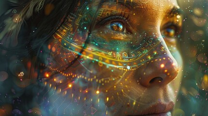 A close-up of a woman's face overlaid with a futuristic digital interface, symbolizing the integration of technology with human senses. Digital shamanism