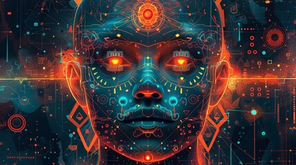 Futuristic digital artwork blending cybernetic and tribal elements, featuring a face with glowing eyes and intricate circuit-like patterns. Digital shamanism