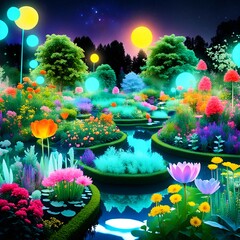 Obraz na płótnie Canvas glow lake garden with long night