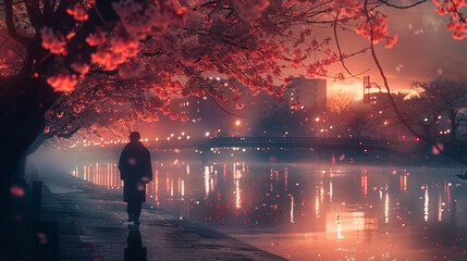 With night sakura as his canopy the man of music crafts a symphony that pauses the flow of time - obrazy, fototapety, plakaty
